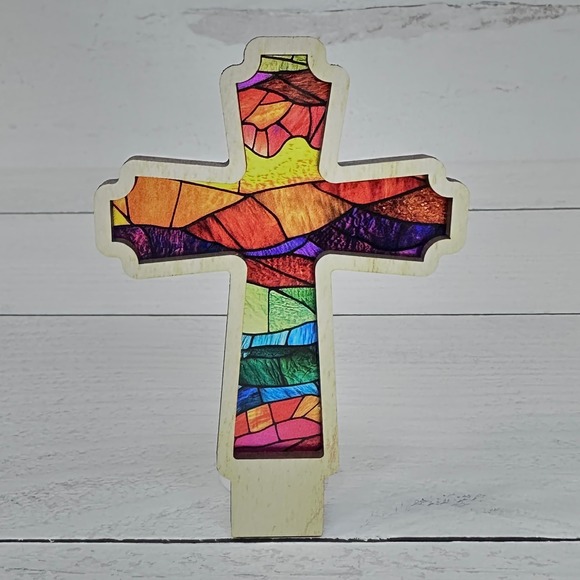 Cross Night Light Plug In Religious Home Decor Stained Glass Look Handcrafted - Picture 8 of 11